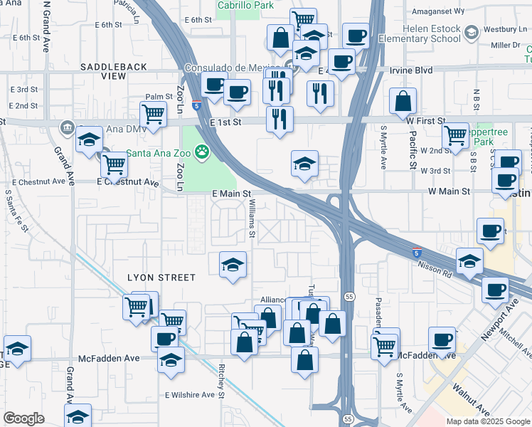 map of restaurants, bars, coffee shops, grocery stores, and more near 16532 Lorelei Lane in Tustin