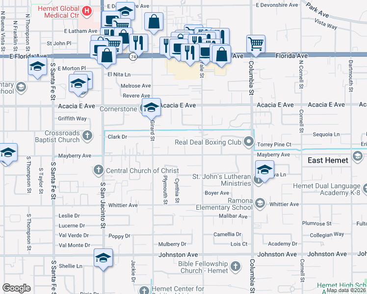 map of restaurants, bars, coffee shops, grocery stores, and more near 40676 Mayberry Avenue in Hemet