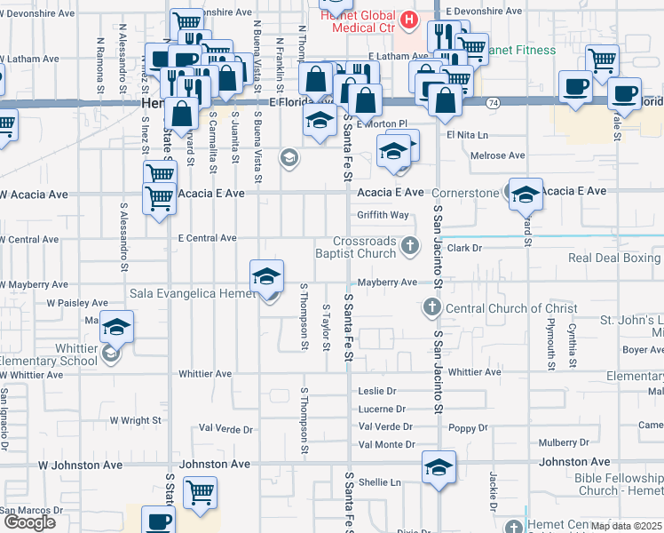 map of restaurants, bars, coffee shops, grocery stores, and more near 445 South Santa Fe Street in Hemet