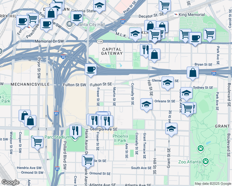 map of restaurants, bars, coffee shops, grocery stores, and more near 500 Martin Street Southeast in Atlanta