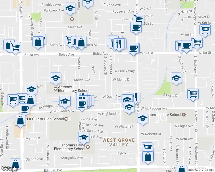 map of restaurants, bars, coffee shops, grocery stores, and more near 417 Starboard Street in Santa Ana