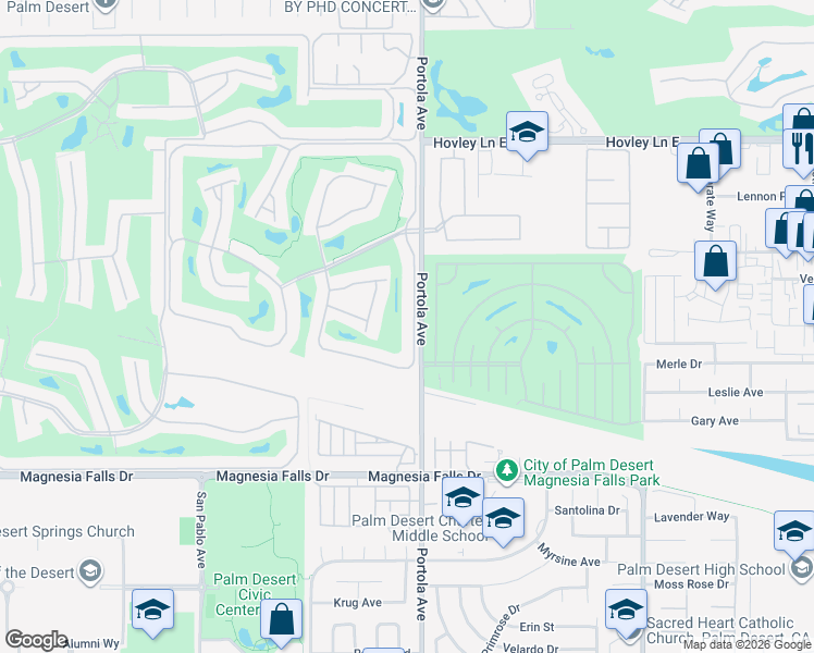 map of restaurants, bars, coffee shops, grocery stores, and more near 67 Cam Arroyo South in Palm Desert