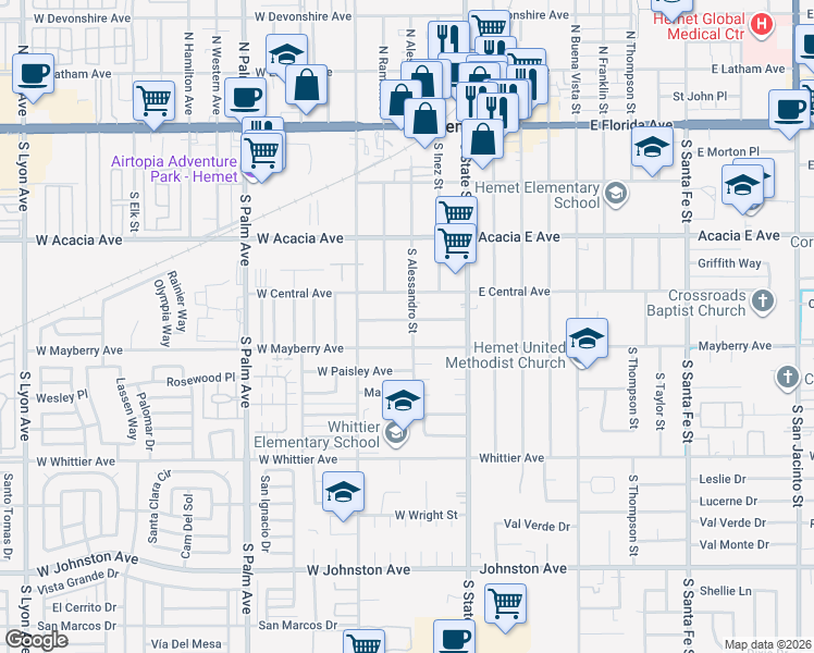 map of restaurants, bars, coffee shops, grocery stores, and more near 325 Elmwood Avenue in Hemet