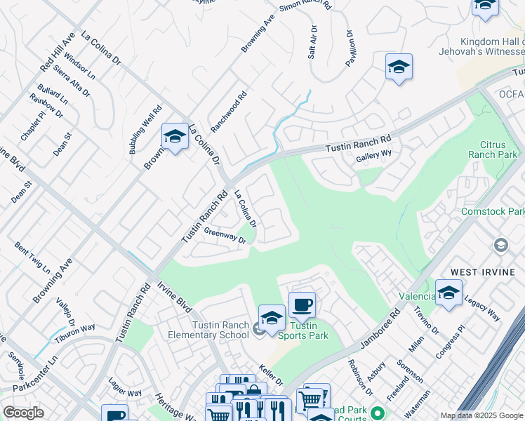 map of restaurants, bars, coffee shops, grocery stores, and more near 12475 Highland Drive in Tustin
