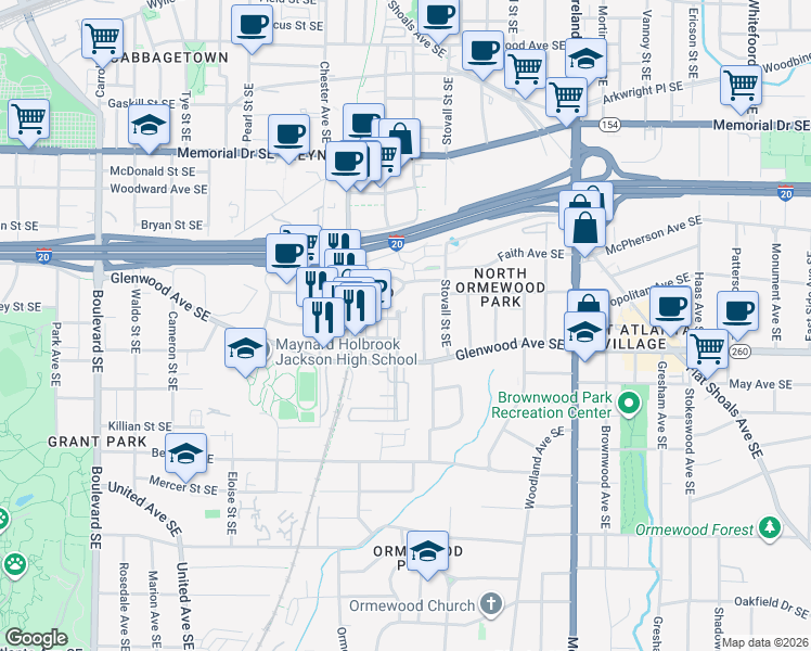map of restaurants, bars, coffee shops, grocery stores, and more near 481 Glenwood Place Southeast in Atlanta