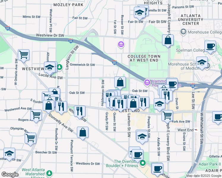 map of restaurants, bars, coffee shops, grocery stores, and more near 1167 Oak Street Southwest in Atlanta