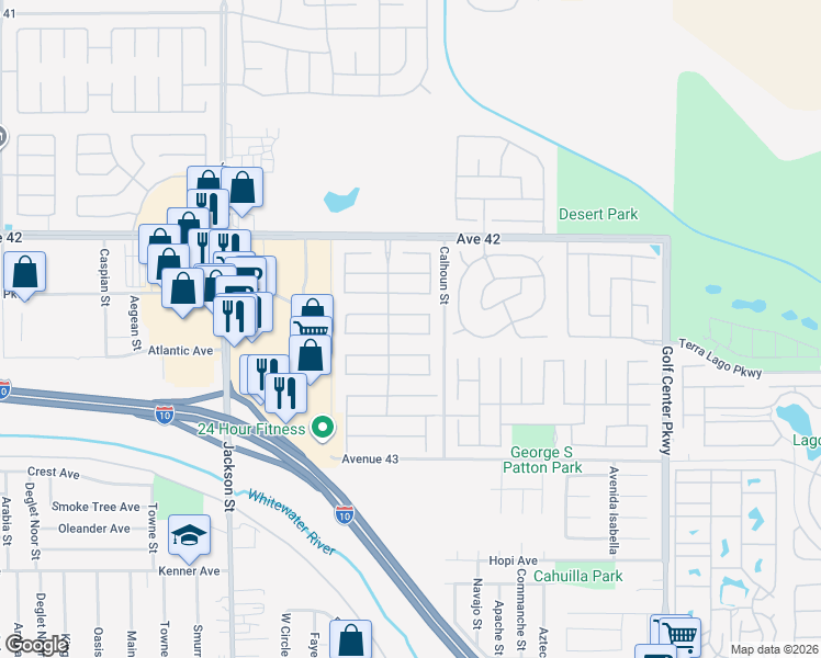 map of restaurants, bars, coffee shops, grocery stores, and more near 83418 Wagon Road in Indio