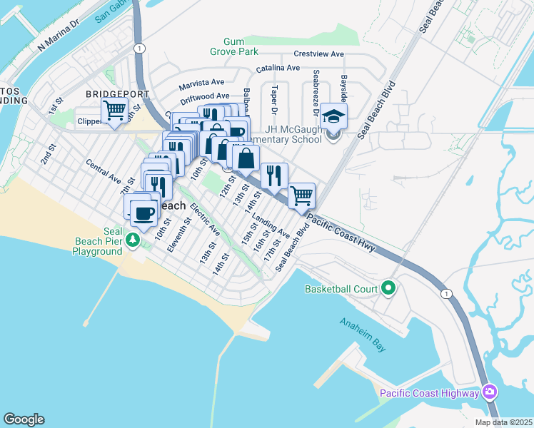 map of restaurants, bars, coffee shops, grocery stores, and more near 312 15th Street in Seal Beach