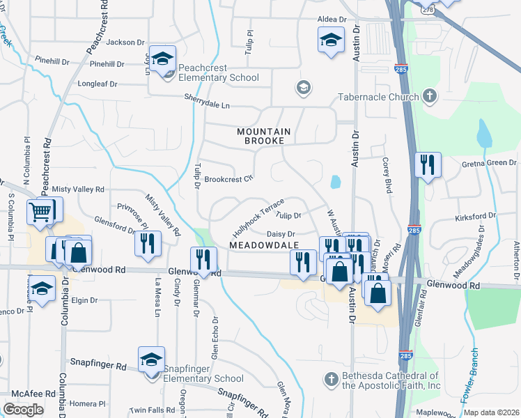 map of restaurants, bars, coffee shops, grocery stores, and more near 1717 Hollyhock Terrace in Decatur