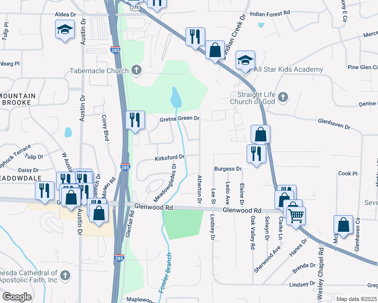 map of restaurants, bars, coffee shops, grocery stores, and more near 4024 Kirksford Drive in Decatur