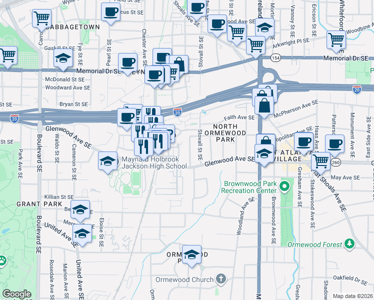 map of restaurants, bars, coffee shops, grocery stores, and more near 481 Glenwood Place Southeast in Atlanta