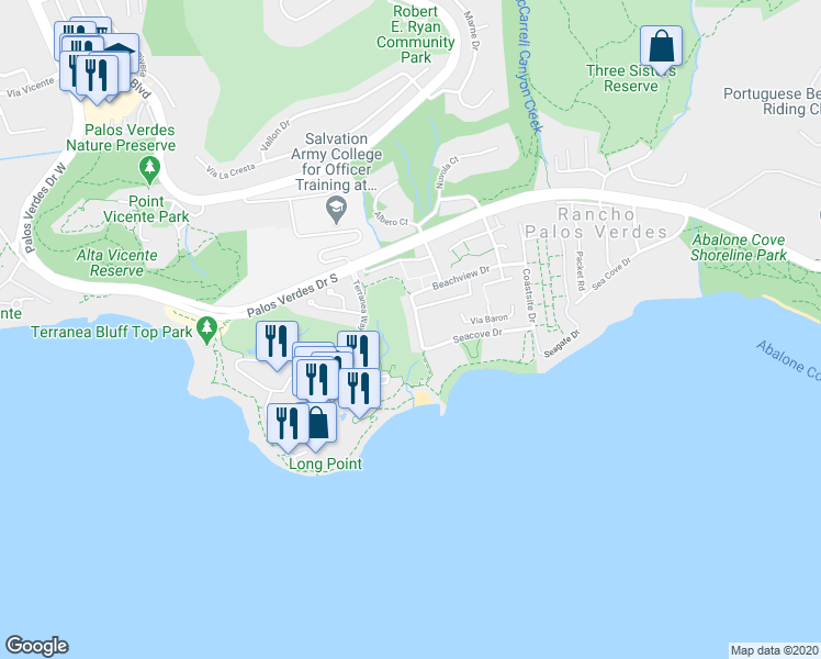 map of restaurants, bars, coffee shops, grocery stores, and more near 31 Nantasket Drive in Rancho Palos Verdes