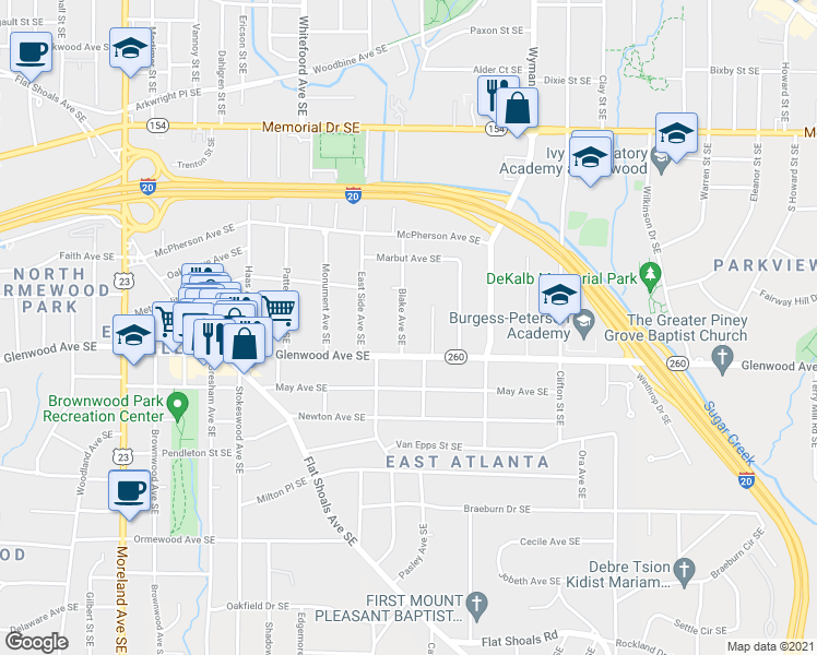 map of restaurants, bars, coffee shops, grocery stores, and more near 476 Blake Avenue Southeast in Atlanta