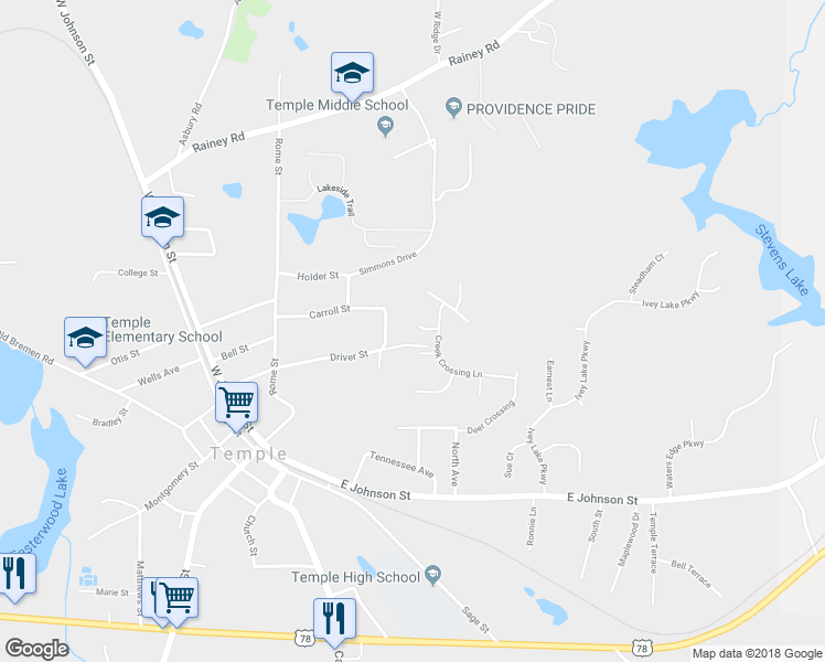 map of restaurants, bars, coffee shops, grocery stores, and more near 110 Antler Trail in Temple