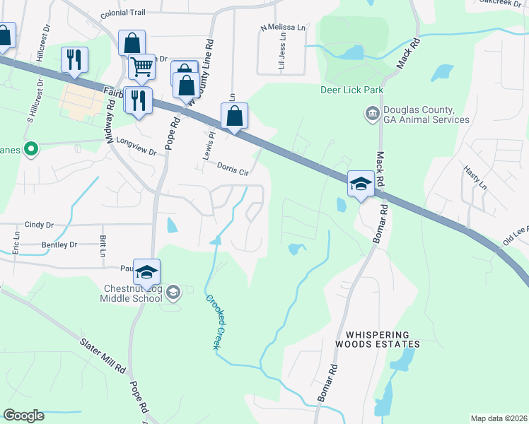 map of restaurants, bars, coffee shops, grocery stores, and more near 3362 Willow Meadow Lane in Douglasville