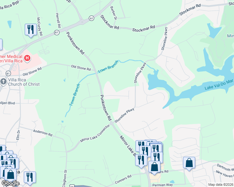 map of restaurants, bars, coffee shops, grocery stores, and more near 130 Chadwick Place in Villa Rica