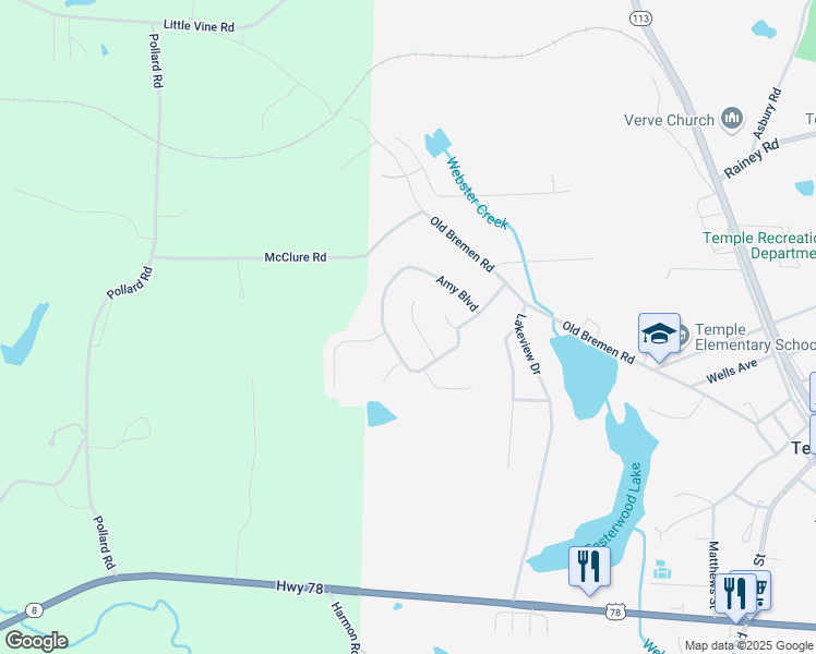 map of restaurants, bars, coffee shops, grocery stores, and more near 330 Madeline Way in Temple
