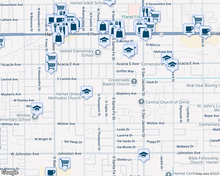 map of restaurants, bars, coffee shops, grocery stores, and more near 445 South Santa Fe Street in Hemet