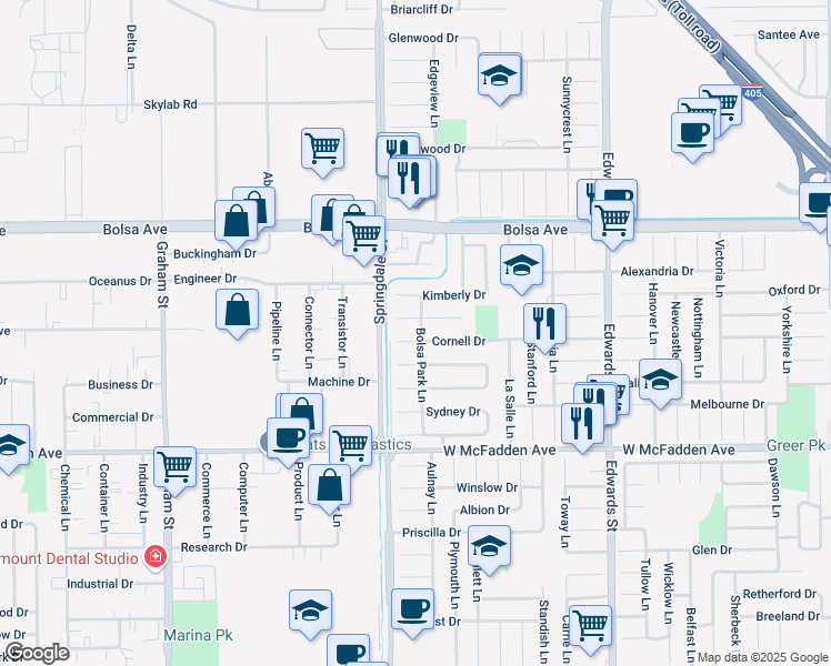 map of restaurants, bars, coffee shops, grocery stores, and more near 6071 Cornell Drive in Huntington Beach