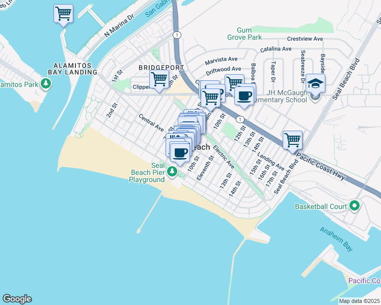 map of restaurants, bars, coffee shops, grocery stores, and more near 147 10th Street in Seal Beach