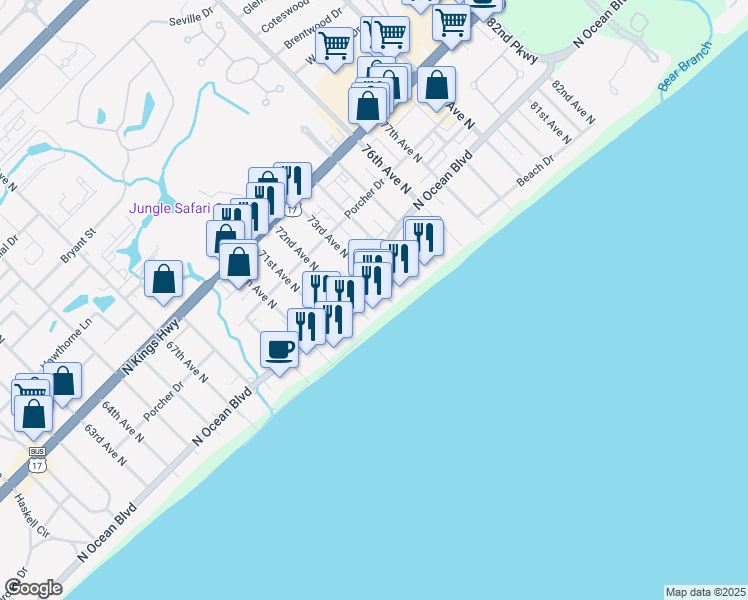 map of restaurants, bars, coffee shops, grocery stores, and more near 315 Shuffleboard Court in Myrtle Beach