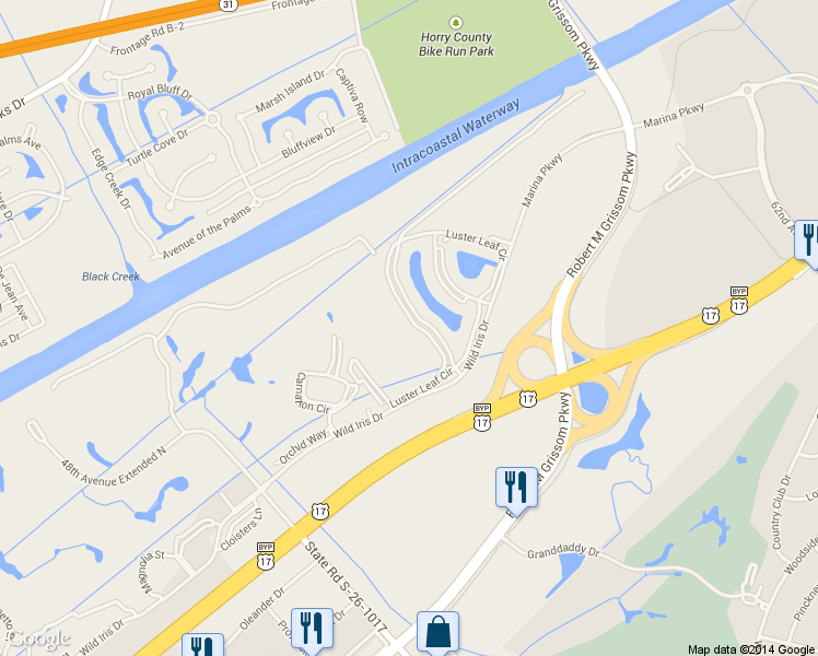 map of restaurants, bars, coffee shops, grocery stores, and more near 4886 Luster Leaf Circle in Myrtle Beach