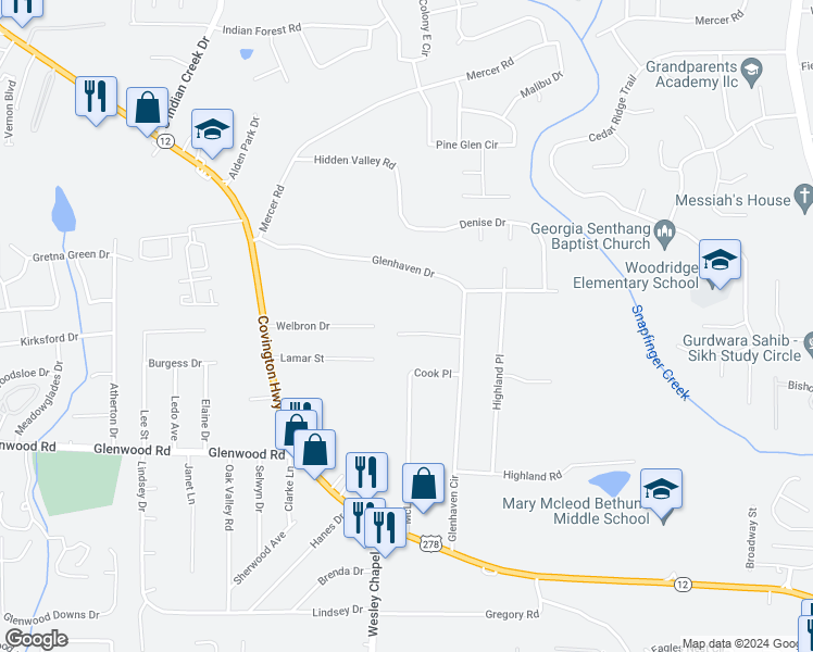 map of restaurants, bars, coffee shops, grocery stores, and more near 4318 Christine Court in Decatur