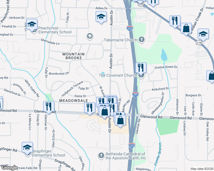 map of restaurants, bars, coffee shops, grocery stores, and more near 1729 Austin Drive in Decatur