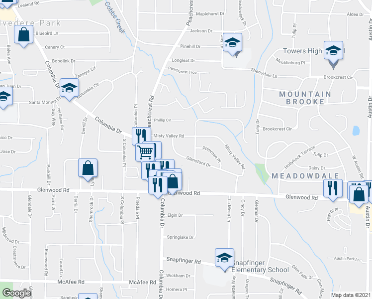map of restaurants, bars, coffee shops, grocery stores, and more near 3426 Glensford Drive in Decatur