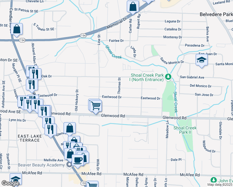map of restaurants, bars, coffee shops, grocery stores, and more near 1741 Thomas Street in Decatur