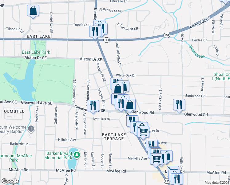 map of restaurants, bars, coffee shops, grocery stores, and more near 1715 Candler Road in Decatur