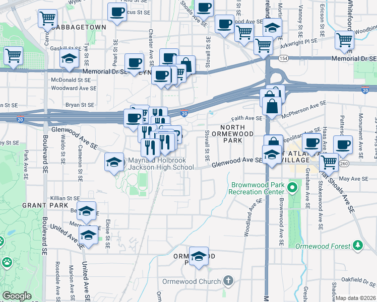 map of restaurants, bars, coffee shops, grocery stores, and more near 481 Glenwood Place Southeast in Atlanta