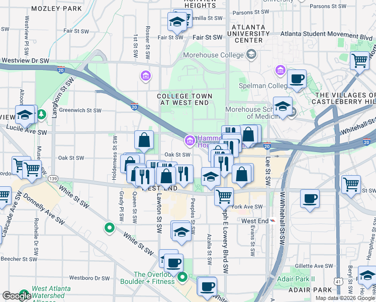 map of restaurants, bars, coffee shops, grocery stores, and more near 1029 Oak Street Southwest in Atlanta