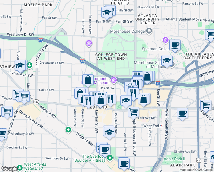 map of restaurants, bars, coffee shops, grocery stores, and more near 1029 Oak Street Southwest in Atlanta