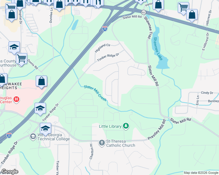 map of restaurants, bars, coffee shops, grocery stores, and more near 8731 Puett Drive in Douglasville