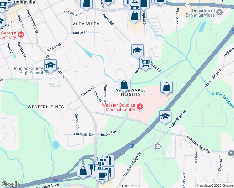 map of restaurants, bars, coffee shops, grocery stores, and more near 6207 Douglas Manor Court in Douglasville