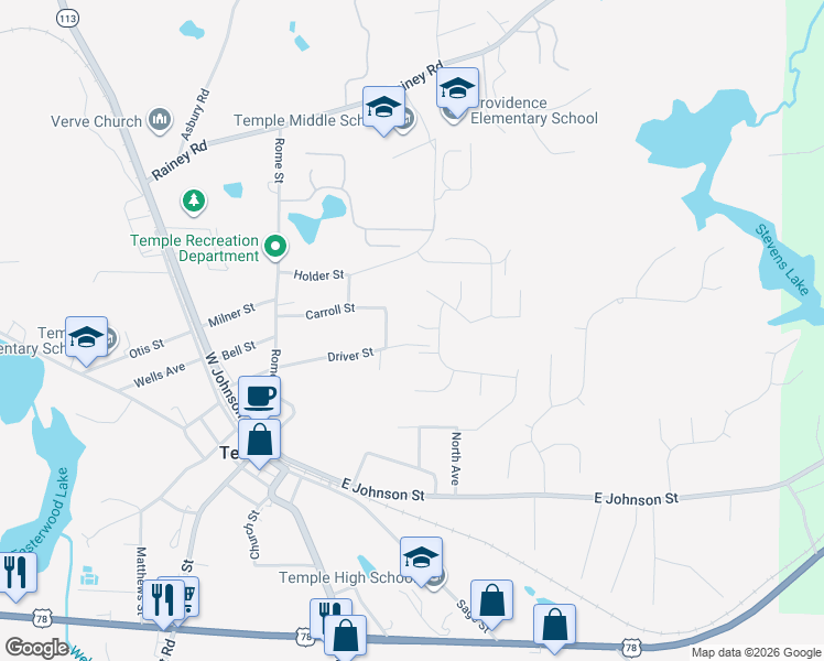map of restaurants, bars, coffee shops, grocery stores, and more near 110 Antler Trail in Temple