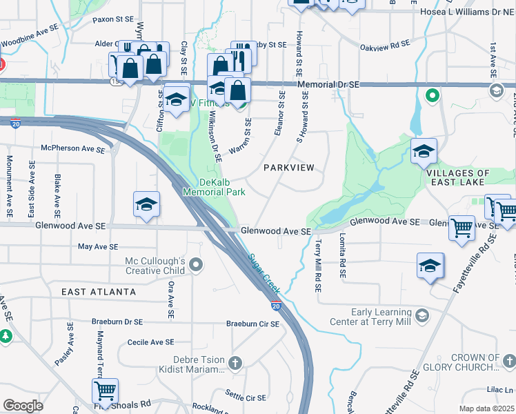 map of restaurants, bars, coffee shops, grocery stores, and more near 443 South Howard Street Southeast in Atlanta