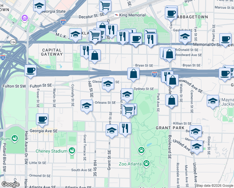 map of restaurants, bars, coffee shops, grocery stores, and more near 375 Sydney Street Southeast in Atlanta