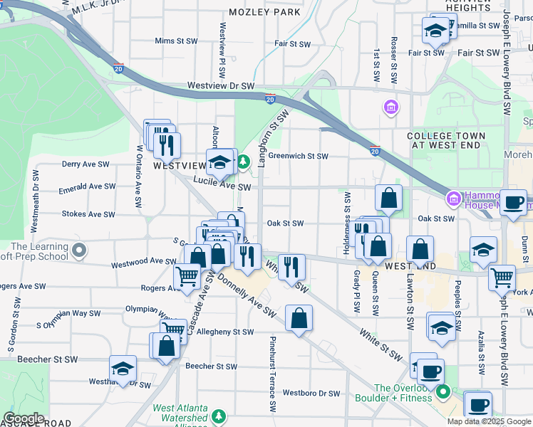 map of restaurants, bars, coffee shops, grocery stores, and more near 516 Langhorn Street Southwest in Atlanta