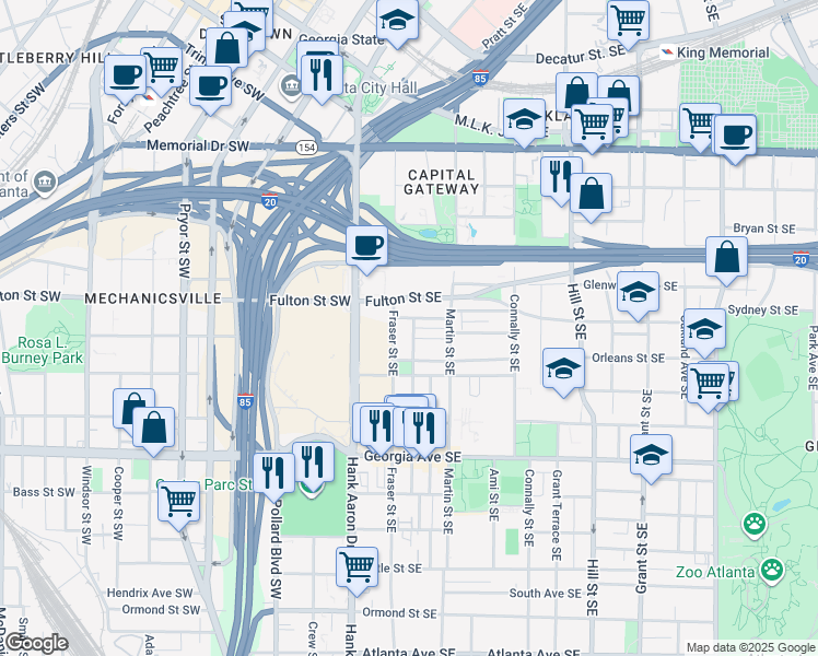 map of restaurants, bars, coffee shops, grocery stores, and more near 489 Reed Street Southeast in Atlanta