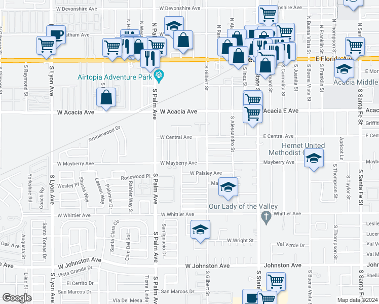 map of restaurants, bars, coffee shops, grocery stores, and more near 450 Hermosa Street in Hemet