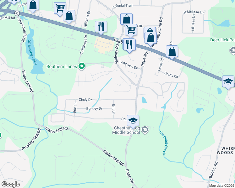 map of restaurants, bars, coffee shops, grocery stores, and more near 2386 Iron Horse Drive in Douglasville