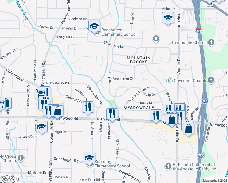 map of restaurants, bars, coffee shops, grocery stores, and more near 3533 Larkspur Terrace in Decatur