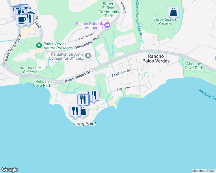 map of restaurants, bars, coffee shops, grocery stores, and more near 31 Nantasket Drive in Rancho Palos Verdes