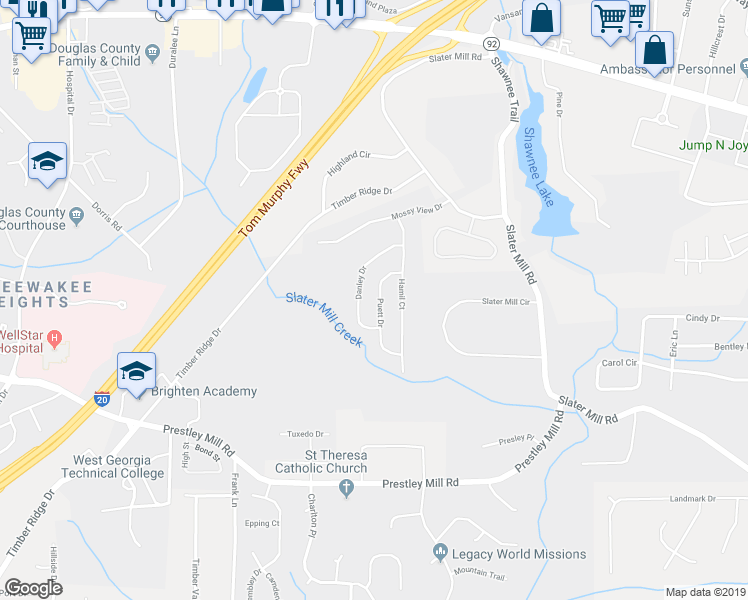 map of restaurants, bars, coffee shops, grocery stores, and more near 8731 Puett Dr in Douglasville
