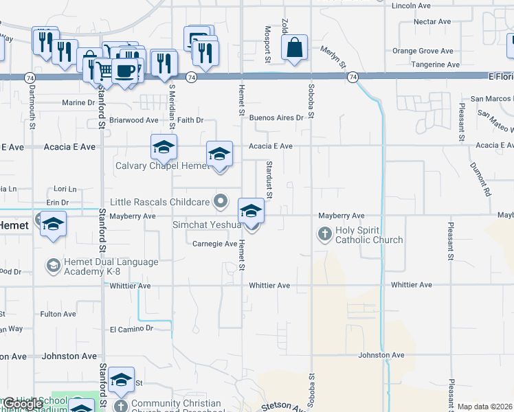 map of restaurants, bars, coffee shops, grocery stores, and more near 42305 Andrea Avenue in Hemet