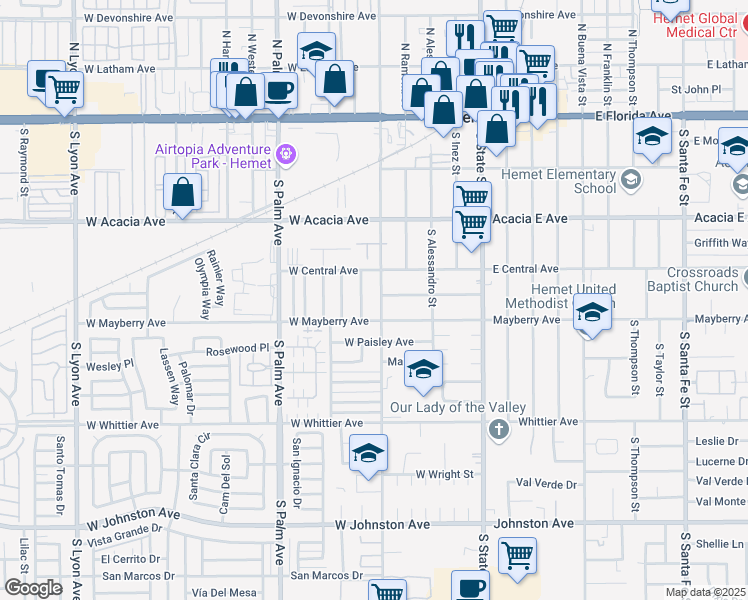 map of restaurants, bars, coffee shops, grocery stores, and more near 455 S Gilbert St in Hemet