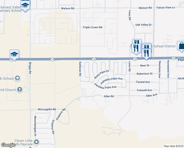 map of restaurants, bars, coffee shops, grocery stores, and more near 26155 Butterfly Palm Drive in Homeland