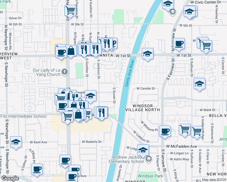 map of restaurants, bars, coffee shops, grocery stores, and more near 422 South Susan Street in Santa Ana